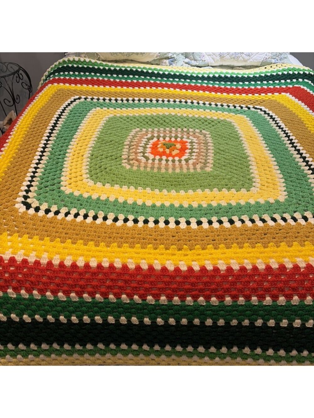 VTG Handmade Crochet Granny Square Afghan Throw Colorful Rainbow Large 74 X 72"